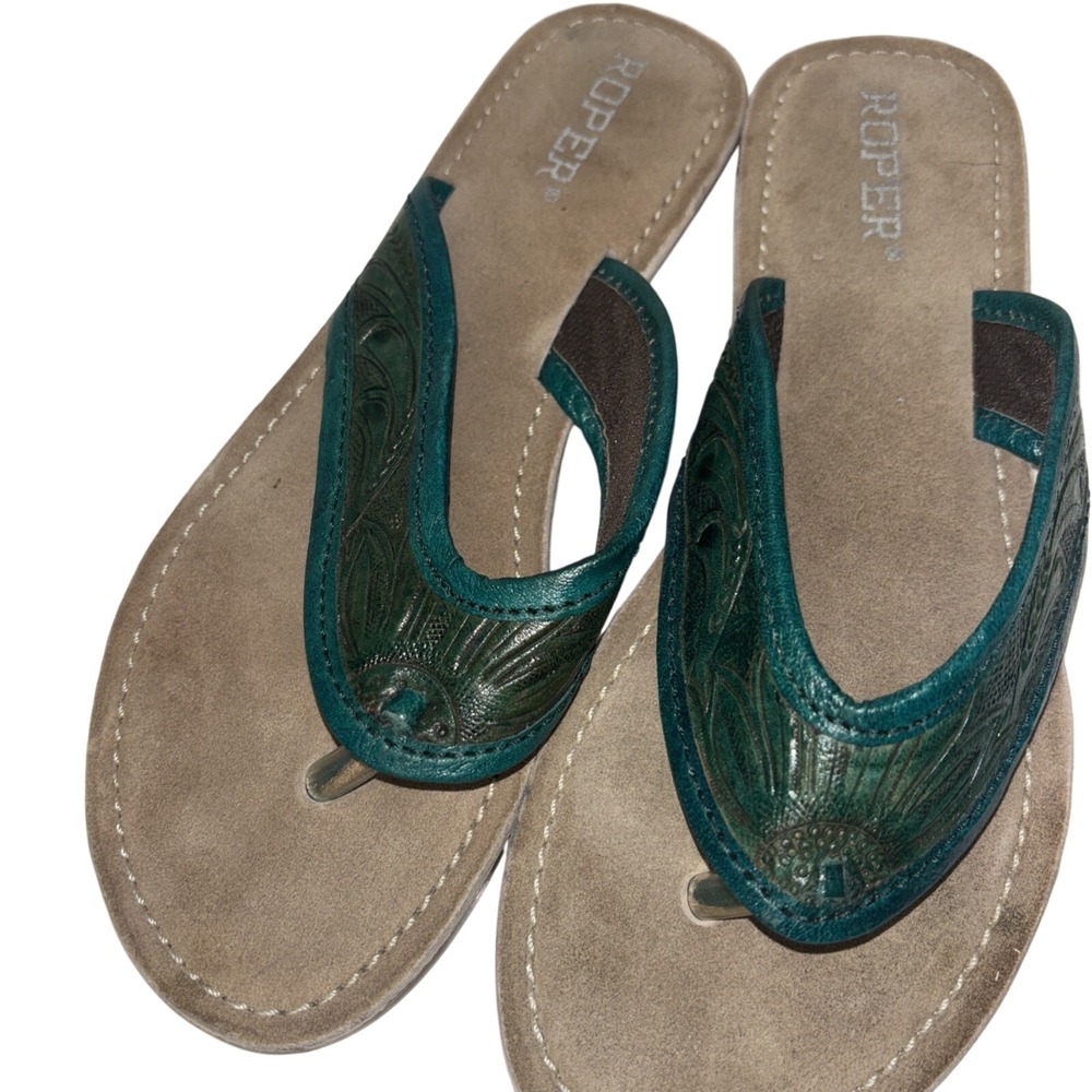 Roper Womens Teal Green Tooled Leather Western Flip Flop Sandals 6 09-021-0977
